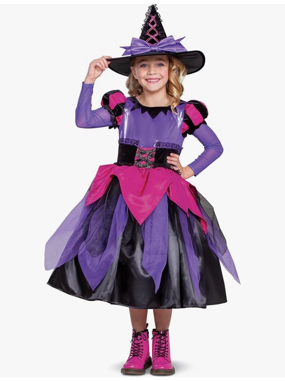 Girls Purple & Pink Witch Costume Dress with Hat Size Small 4-6X